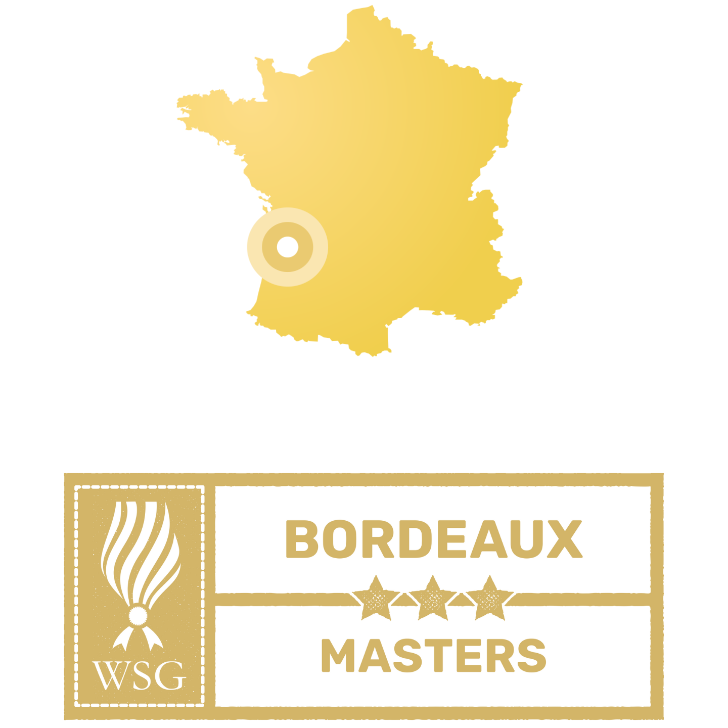 Wine Scholar Guild Bordeaux Masters map highlighting the Bordeaux region in gold.