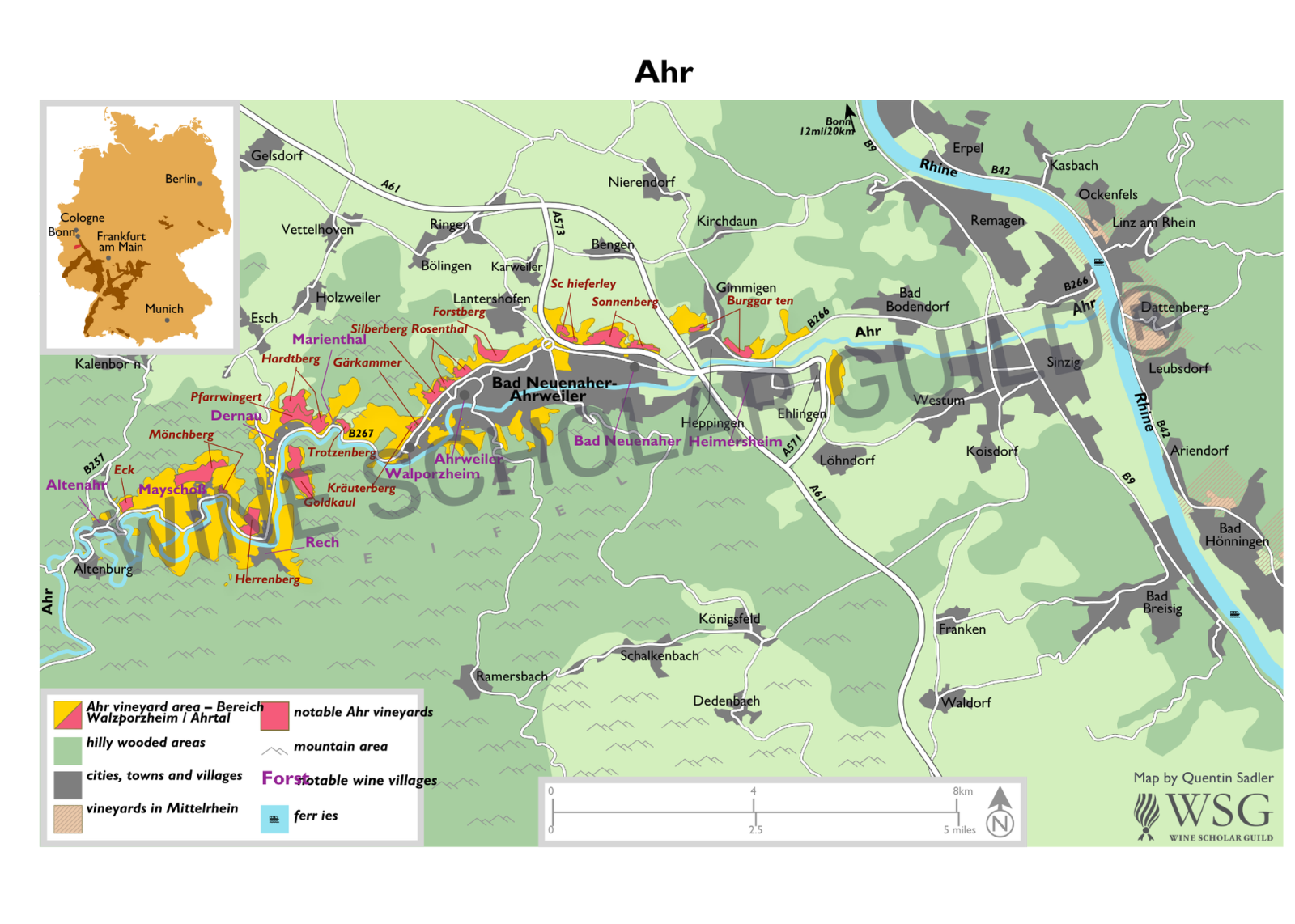 Map of Ahr showing vineyard zones and river valley Map of Ahr showing vineyard zones and river valley