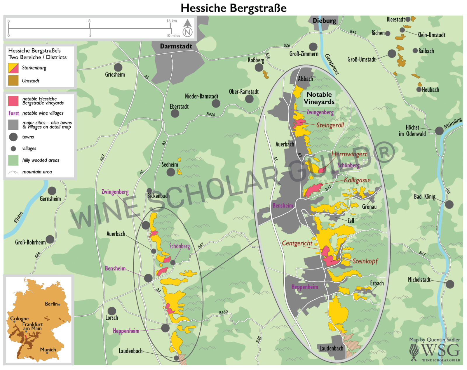 Map of Hessische Bergstraße showing vineyards Map of Hessische Bergstraße showing vineyards