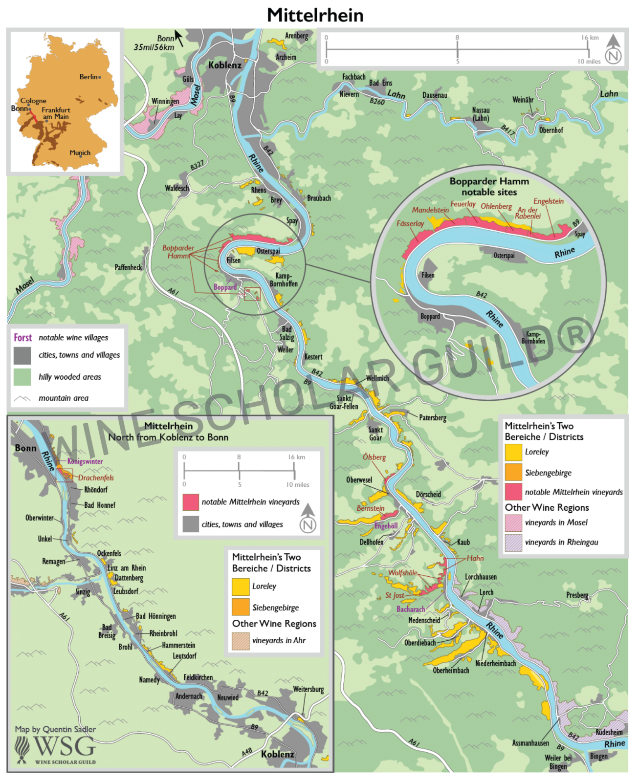 Map of Mittelrhein showing vineyard slopes Map of Mittelrhein showing vineyard slopes.