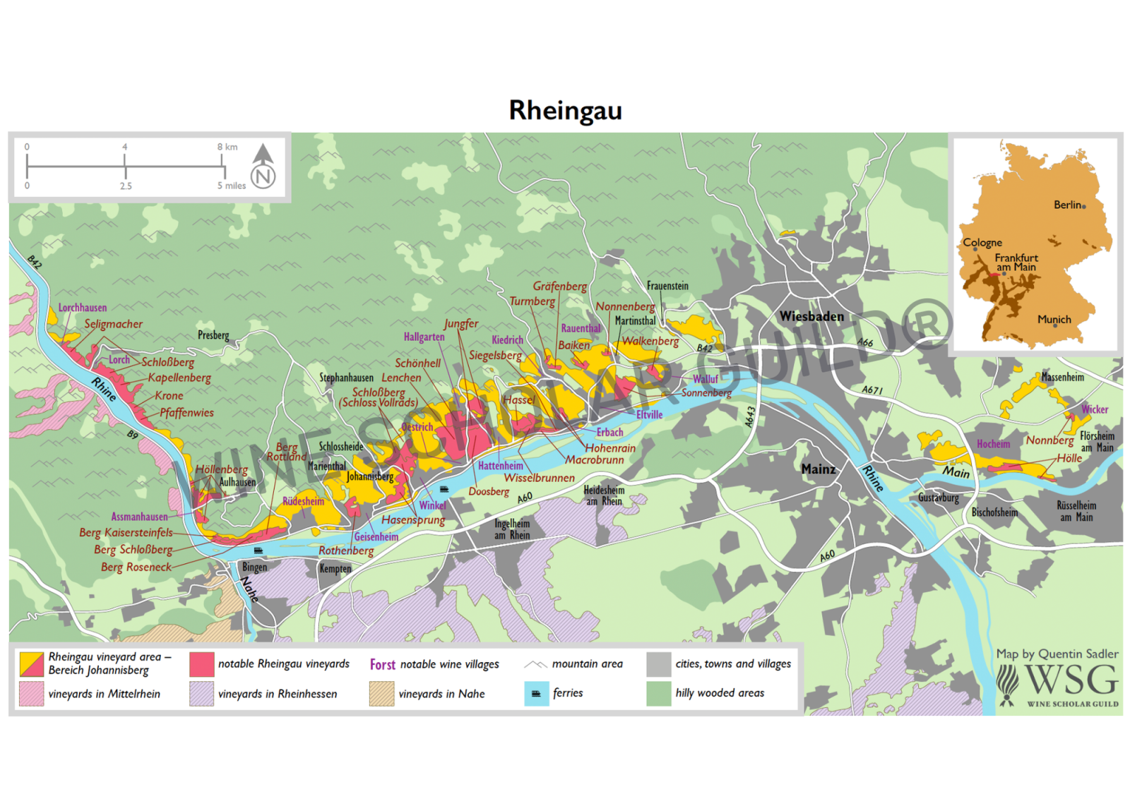 Map of Rheingau showing Rhine and vineyards Map of Rheingau showing Rhine and vineyards