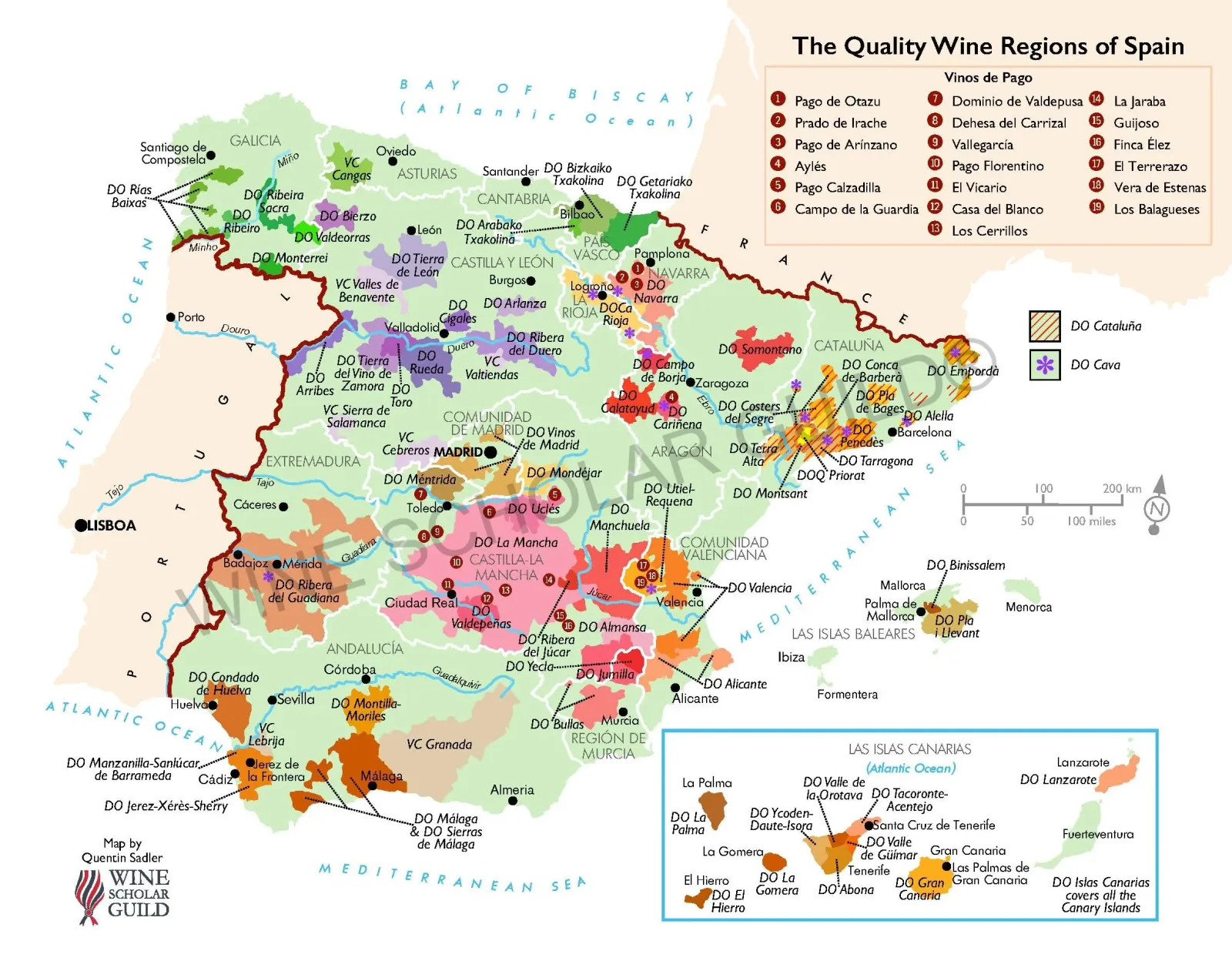 Spain Wine Regions Map by Wine Scholar Guild Spain wine regions map highlighting vineyards, DO/DOCa appellations, and key wine areas including Rioja, Ribera del Duero, Priorat, Rías Baixas, and Jerez.