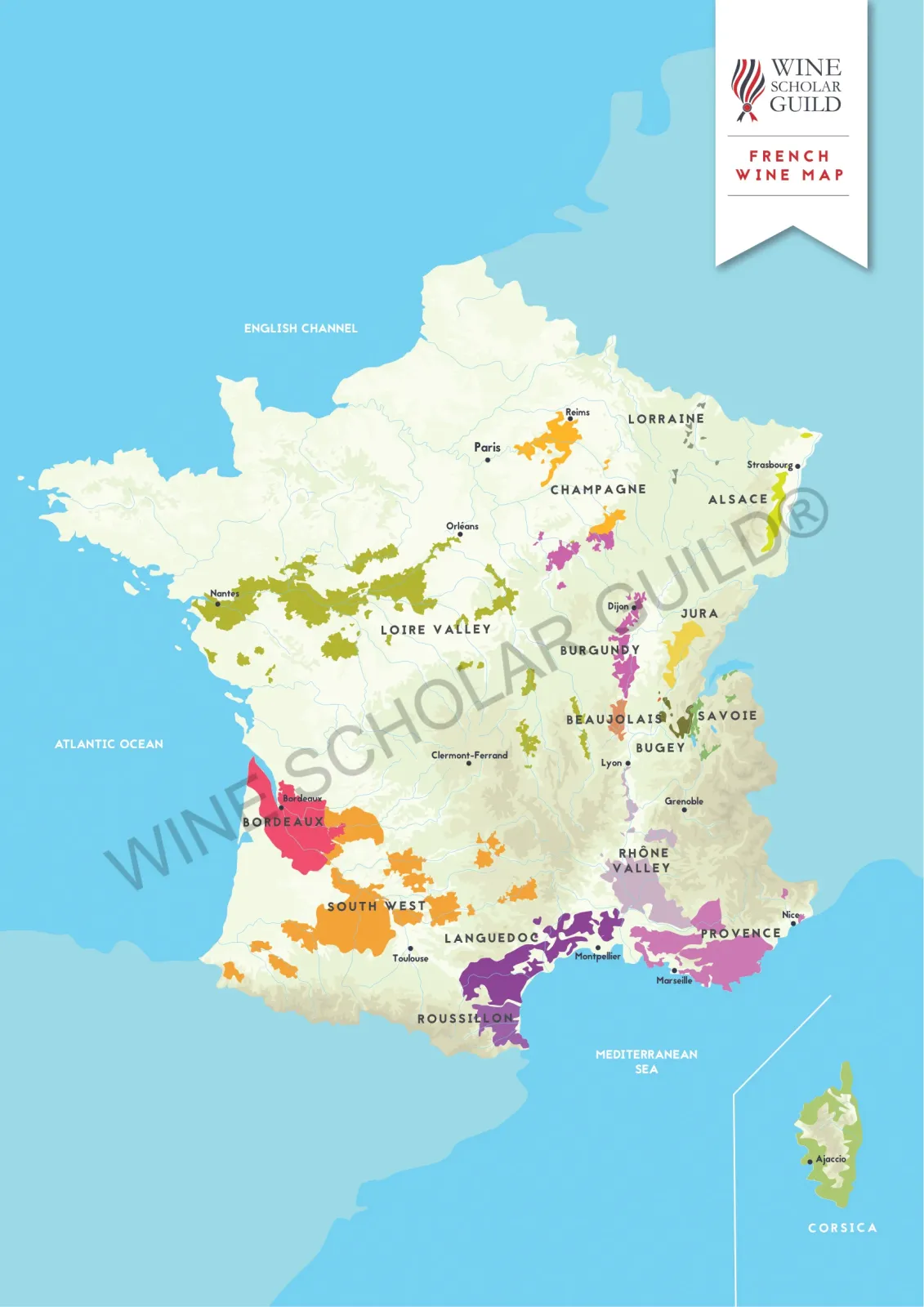 French Wine Regions Map by Wine Scholar Guild Comprehensive French wine regions map displaying vineyards, wine routes, and appellations across Bordeaux, Burgundy, Champagne, Rhône, Loire Valley, Alsace, Provence, and other key regions.