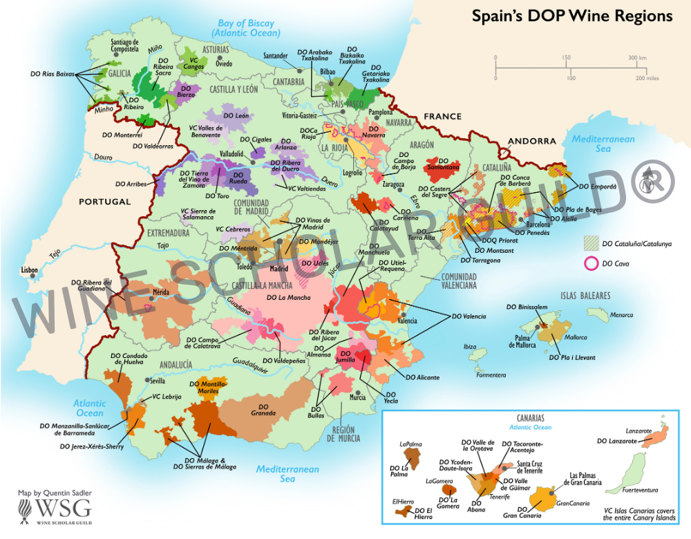 Spain Wine Regions Map by Wine Scholar Guild Spain wine regions map highlighting vineyards, DO/DOCa appellations, and key wine areas including Rioja, Ribera del Duero, Priorat, Rías Baixas, and Jerez.