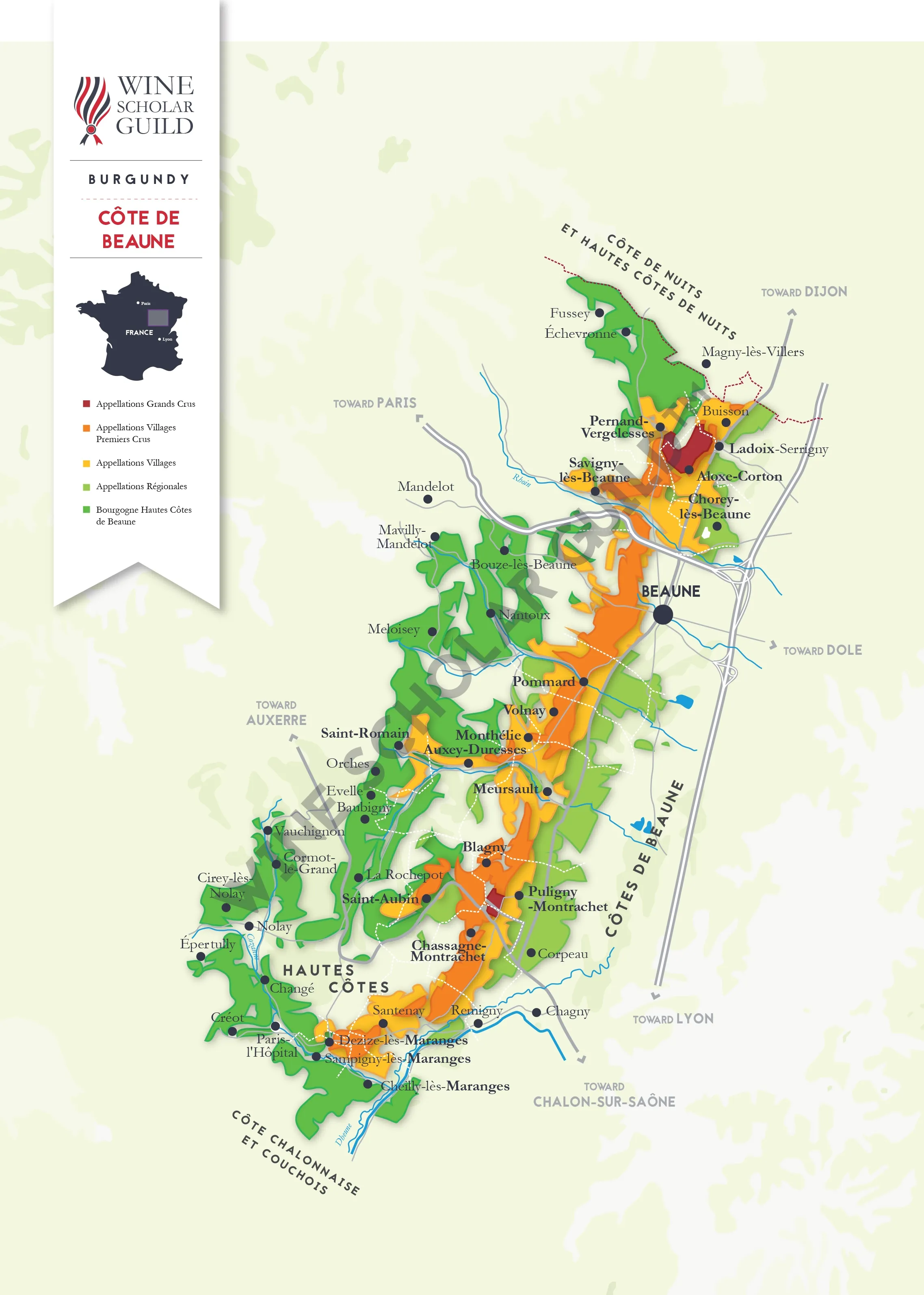 Bourgogne Cote de Beaune Wine Map by Wine Scholar Guild