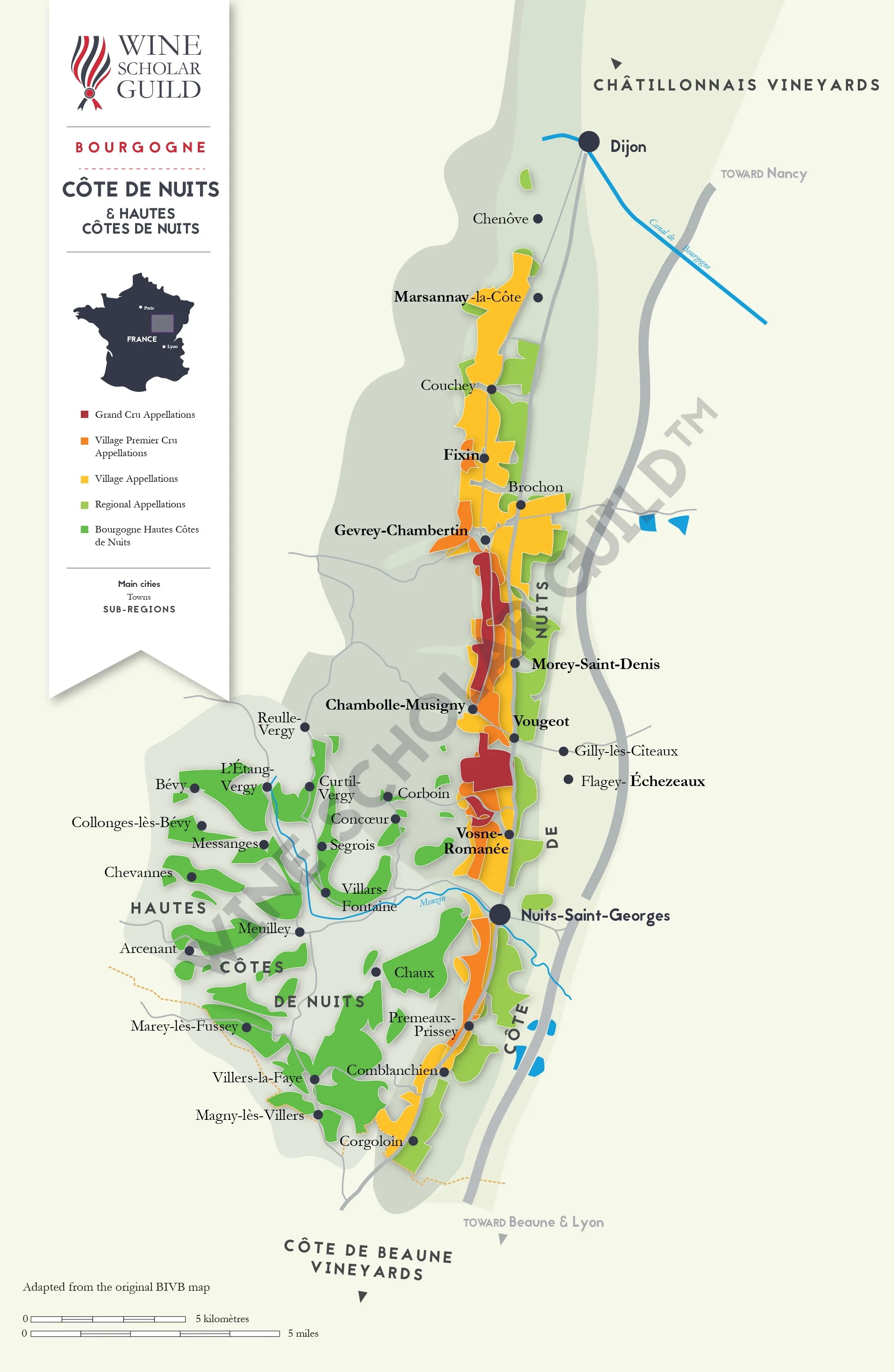 Bourgogne Cote de Nuits Wine Map by Wine Scholar Guild