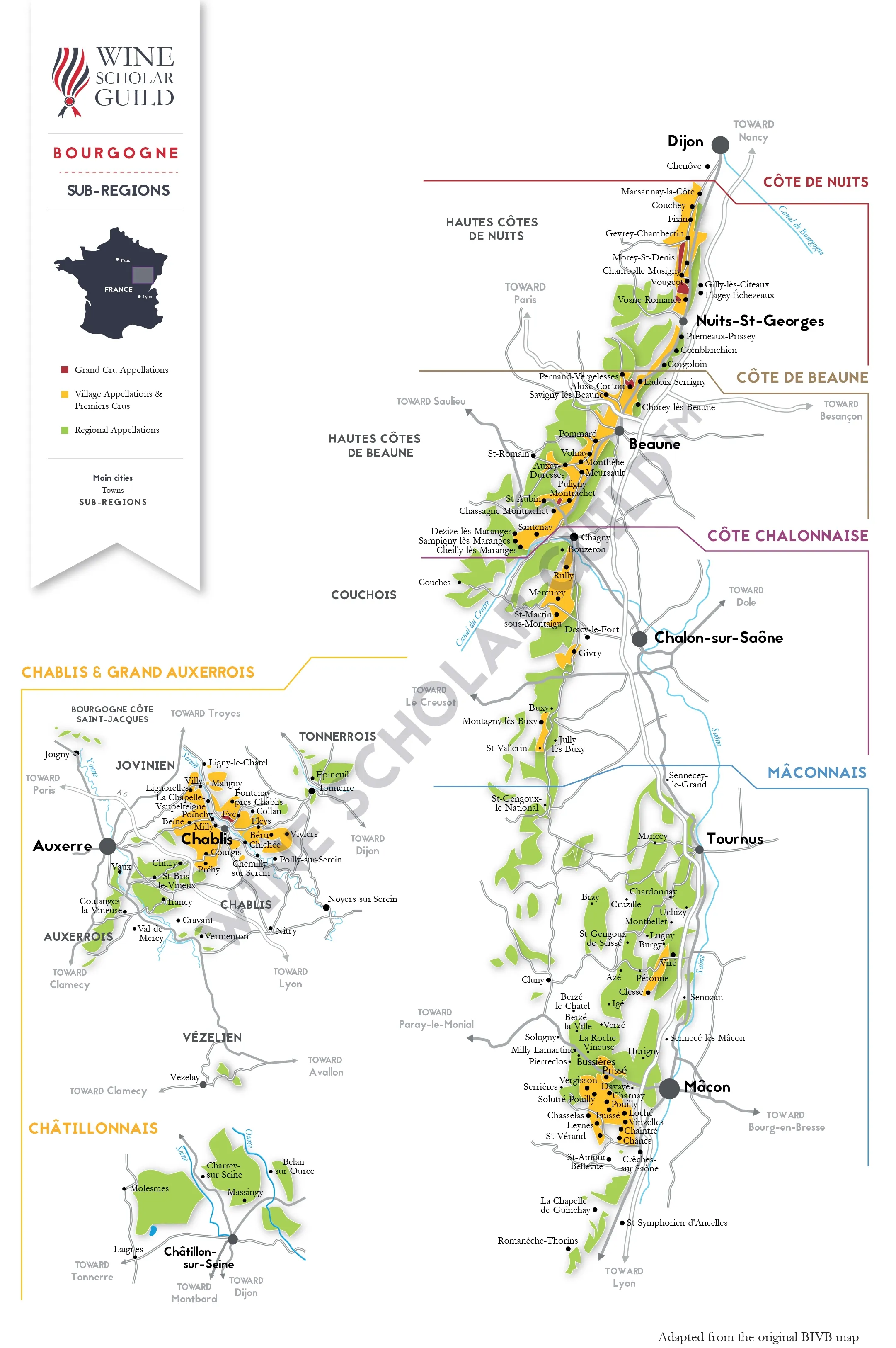 Bourgogne Wine Map by Wine Scholar Guild