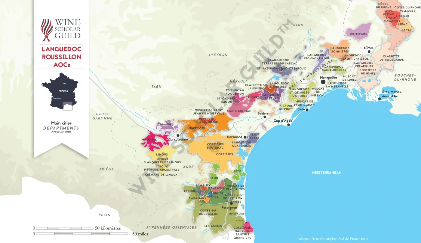 Languedoc Roussillon Wine Map by Wine Scholar Guild