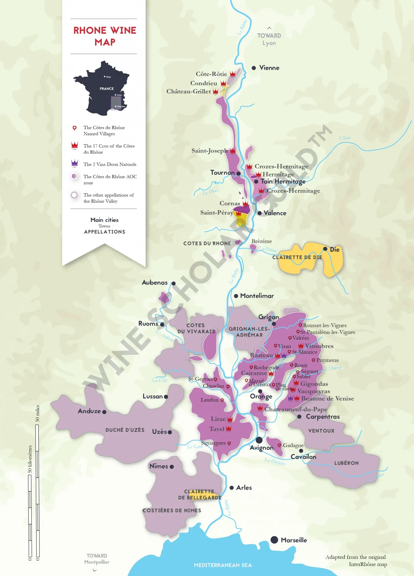 Rhone Valley Wine Map by Wine Scholar Guild