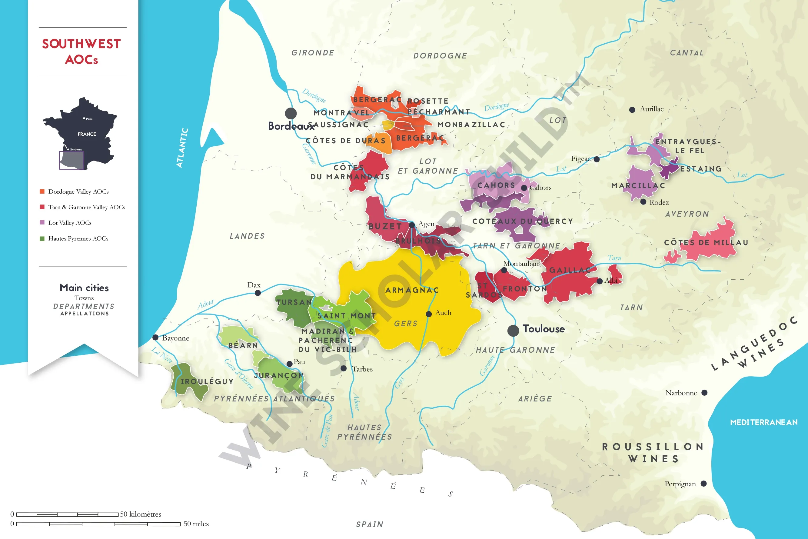 Southwest France Wine Map by Wine Scholar Guild