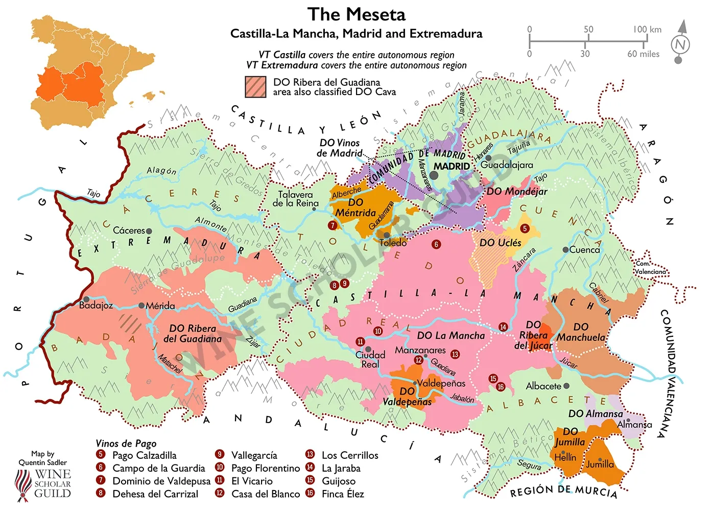 The Meseta Wine Map (Castilla-La Mancha, Madrid and Extremadura) by Wine Scholar Guild